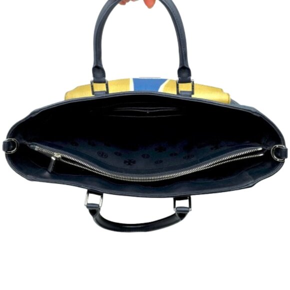 TORY BURCH~T LOCK STRAW TOTE~Navy Yellow TOP HANDLE 3 COMPARTMENT LARGE BAG - Picture 7 of 7